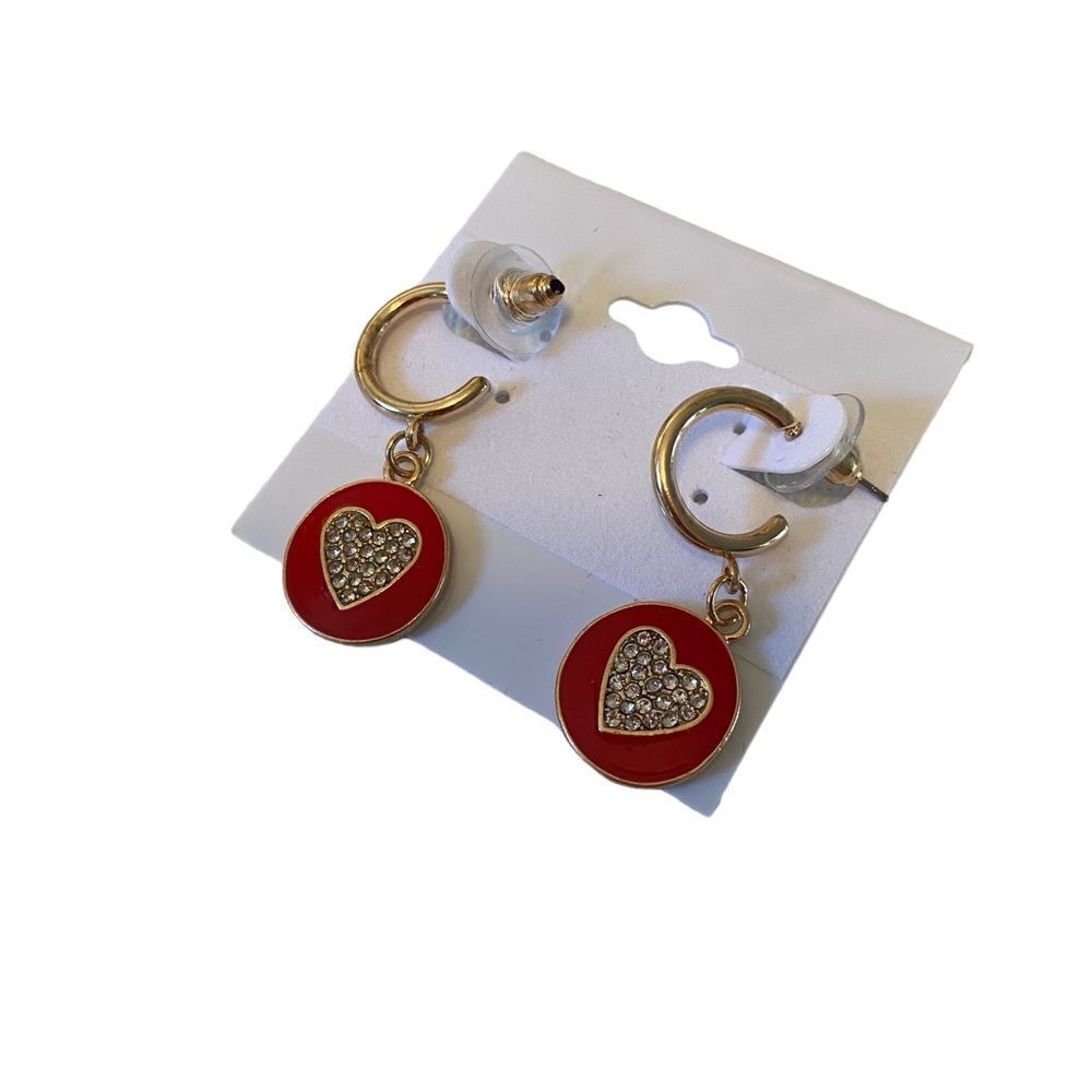 Panacea Pave Crystal & Red Heart Dangle Earrings. - Picture 4 of 6